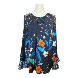 Nanette Lepore Women’s Blue Floral Blouse Designer Office Interview top